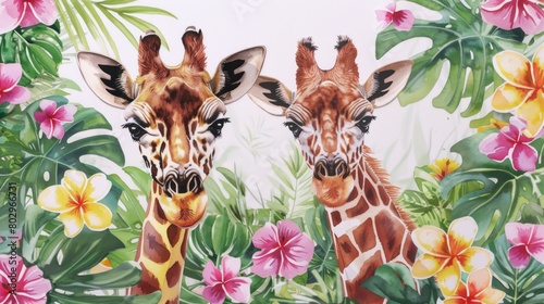 Two giraffes surrounded by colorful flowers  suitable for nature themes