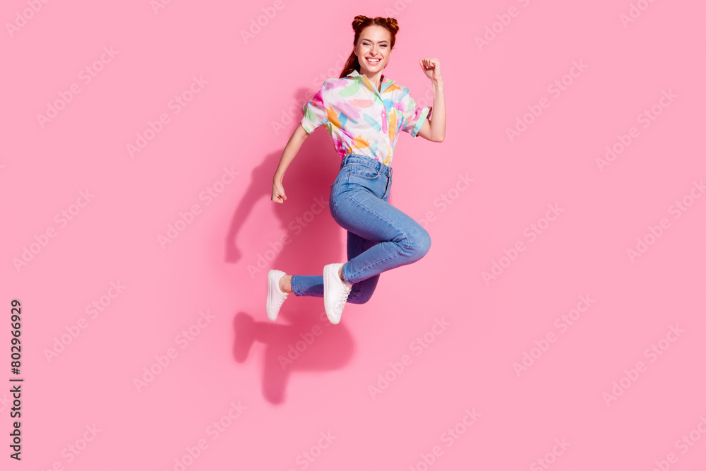 Full body length size photo of red hair charming woman jump run in air started menstruation periods isolated on pink color background
