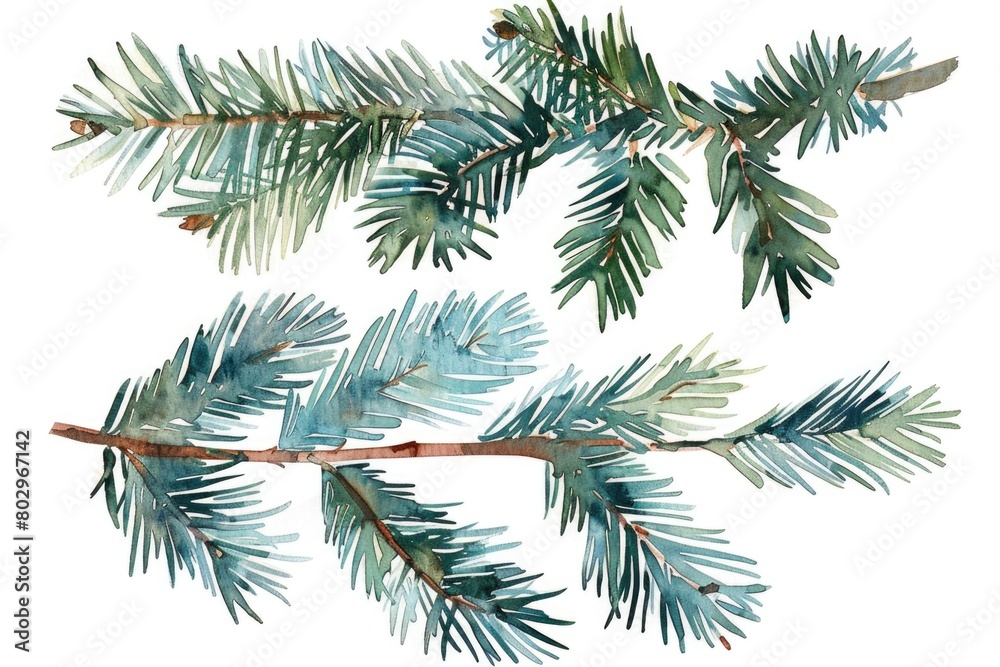 A beautiful watercolor painting of a pine tree branch. Perfect for nature-themed designs