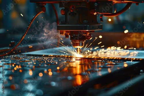 Industrial machine cutting metal with sparks. Ideal for manufacturing industry use