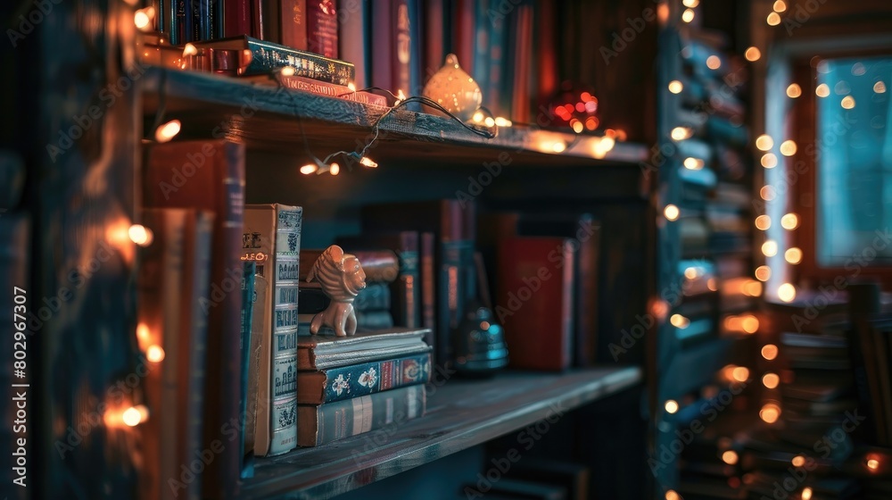 Cozy Bookshelf with Vintage Books and Warm Fairy Lights