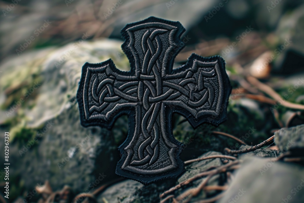 A cross on a moss-covered rock, suitable for religious themes or nature concepts