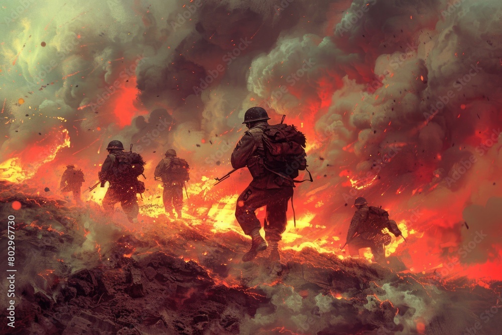 Group of soldiers navigating dangerous field, suitable for military concepts