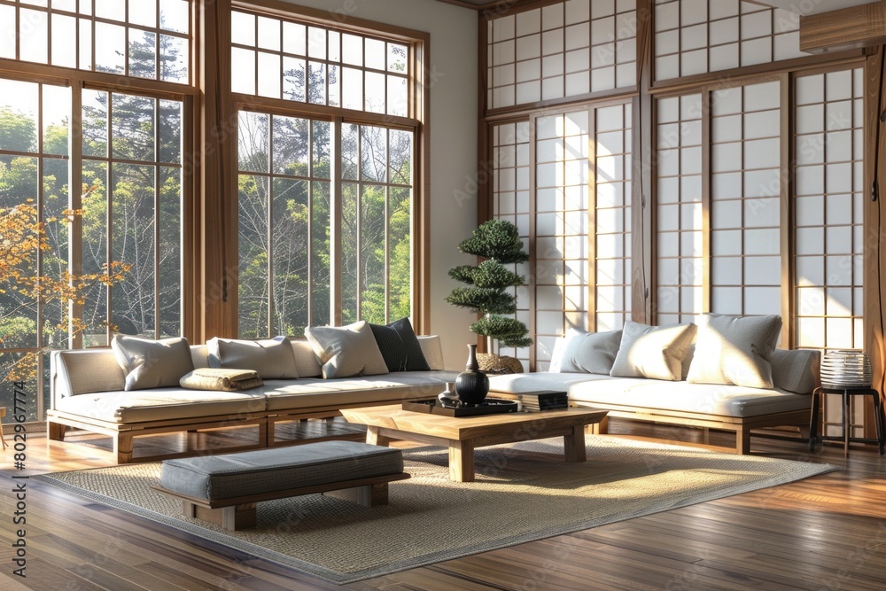 A well-furnished living room with natural light streaming through the windows. Perfect for home decor or interior design projects A well-furnished living room with natural light streaming through the windows. Perfect for home decor or interior design projects