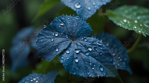 At Bana Hill Danang, Vietnam, a macro blue leaf of a hydrangea plant with a background of raindrops, a tropical foliage backdrop, and exquisite detail photo