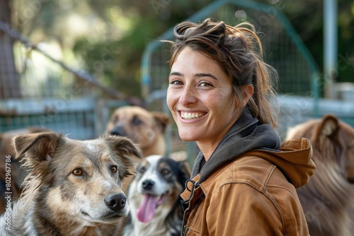 Smiling Animal Trainer Building Bonds with Her Well-Behaved Animal Crew in Outdoor Training Session © Vera