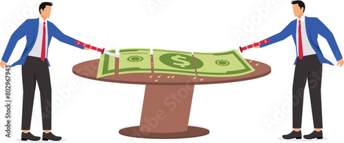 Divide the money, pay wages, salaries or shares of stock, profit sharing or business dividends, equidistant from a businessman with a knife cutting a wad of bills into countless smaller pieces