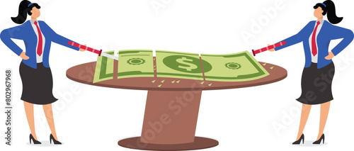 Divide the money, pay wages, salaries or shares of stock, profit sharing or business dividends, equidistant from a businesswoman with a knife cutting a wad of bills into countless smaller pieces