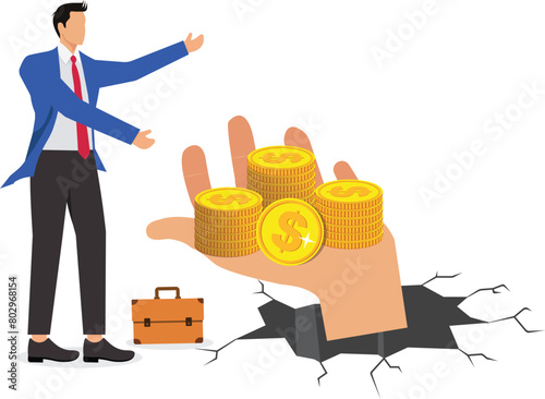 Poor businessman, homeless needy person, poor businessman, miserly boss or capitalist, boss holding a pile of gold coins in his hand gives his employee a gold coin