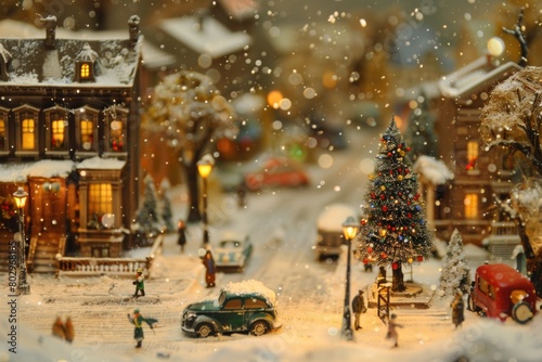 A festive scene with a Christmas tree in a toy town. Perfect for holiday-themed projects