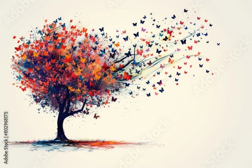 A tree with many butterflies flying around it. Suitable for nature and wildlife concepts