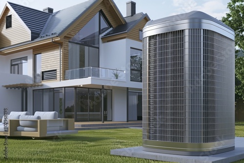 A modern air conditioner unit in front of a house. Suitable for home improvement projects