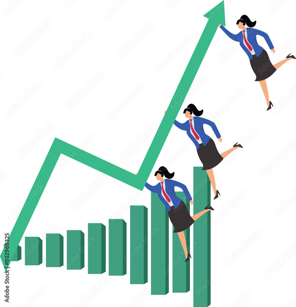 Improving business or career growth, increasing revenue or profits, and achieving business plans or career goals, the three businesswomen are pulled forward by the upward arrow Improving business or career growth, increasing revenue or profits, and achieving business plans or career goals, the three businesswomen are pulled forward by the upward arrow