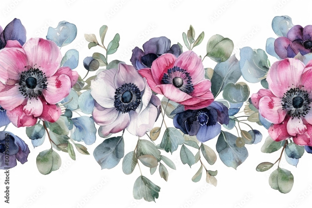 Fototapeta premium Beautiful watercolor painting of anemones and eucalyptus leaves. Perfect for home decor or botanical themed designs