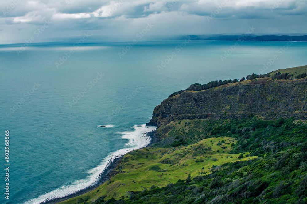 Panoramic view over Te Toto Gorge and Tasman Sea on an overcast summer day. High vantage point. Raglan, New Zealand Panoramic view over Te Toto Gorge and Tasman Sea on an overcast summer day. High vantage point. Raglan, New Zealand