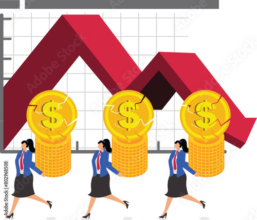 Economic collapse, financial crises, business failures and losses, inflationary currency devaluation, reduced revenues or profits, businesswomen moving on with progressively more broken gold coins