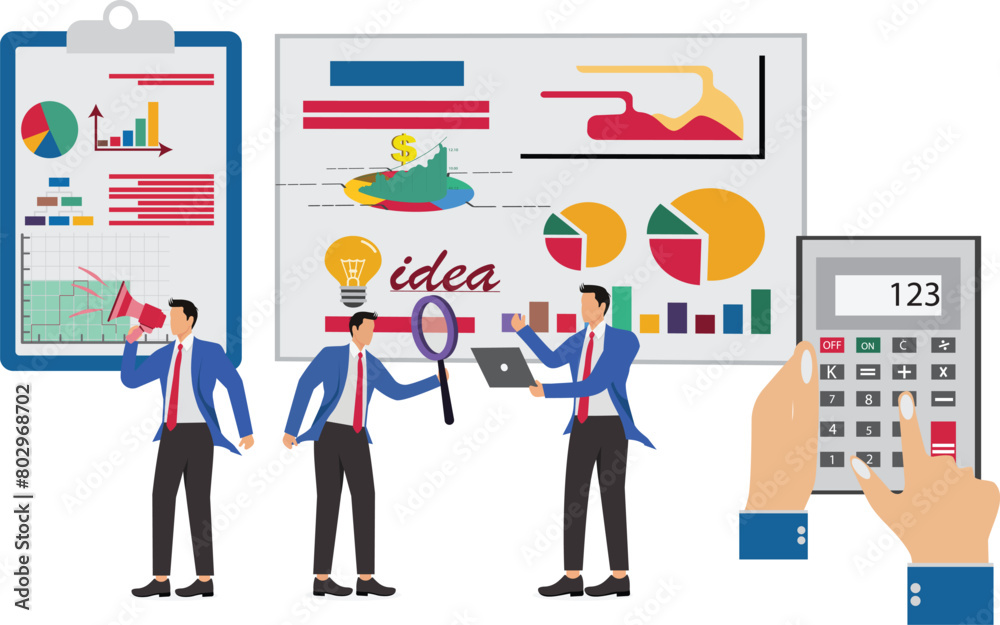 Fototapeta premium Auditing, financial management, business marketing performance statistics, calculating and analyzing financial data, a hand-pressing of calculator buttons to account for and tabulate various data stat