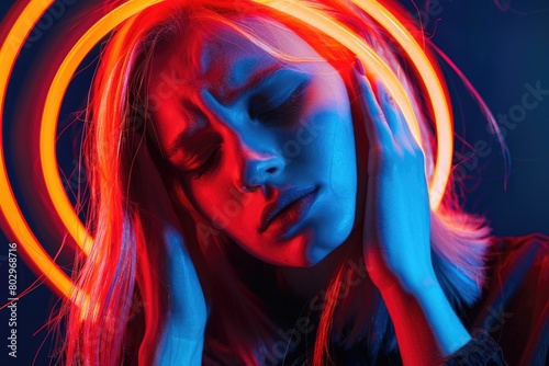 Portrait of a woman with red and blue lights illuminating her face. Great for technology or nightlife concepts