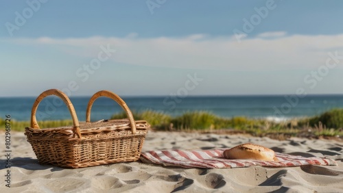 Wicker picnic basket with bread, fruits, cheese, and wine on a cozy blanket by the calm sea shore photo