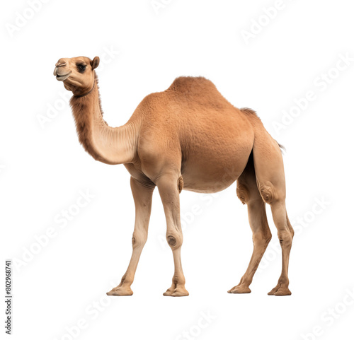 A single-humped dromedary camel stands gracefully, profiled against a clean transparent background. Generative AI © Breyenaiimages