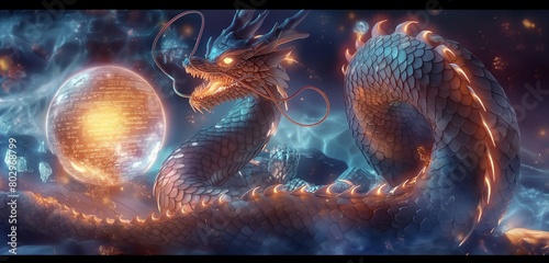 A cybernetic dragon wrapped around a glowing orb of data, its scales shimmering with digital patterns, guarding the core of cyber security knowledge against intruders. 