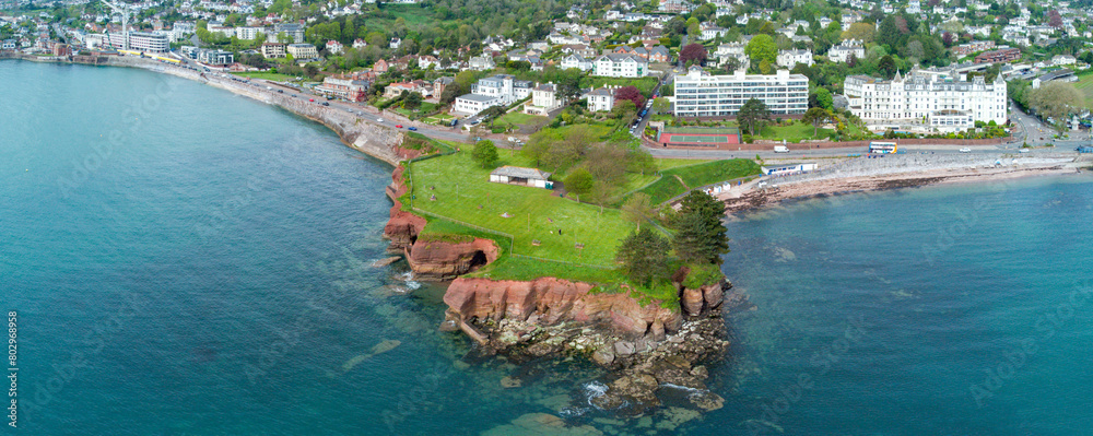 Torbay Corbyn head aerial panorama image. English riviera with the Grand hotel. Corbyn sands. Livermead.