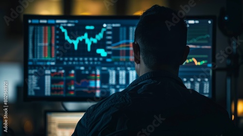 Financial Expert Studying Stock Exchange Data on High-Tech Display