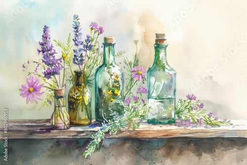 Watercolor painting of flowers and bottles  perfect for home decor