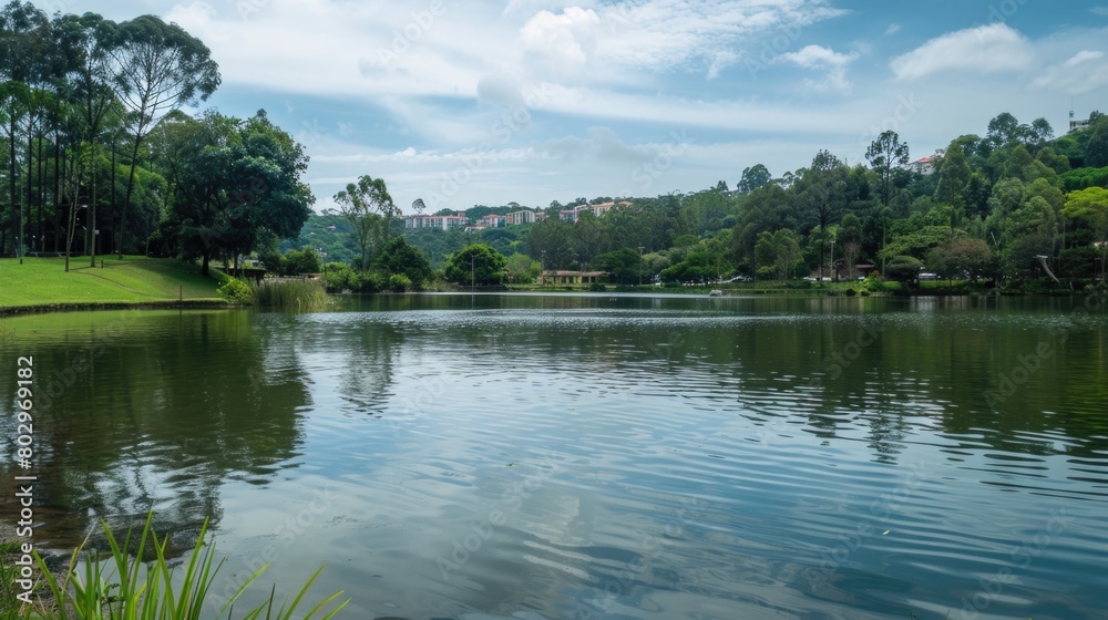 A tranquil lake nestled among lush green trees. Perfect for nature backgrounds