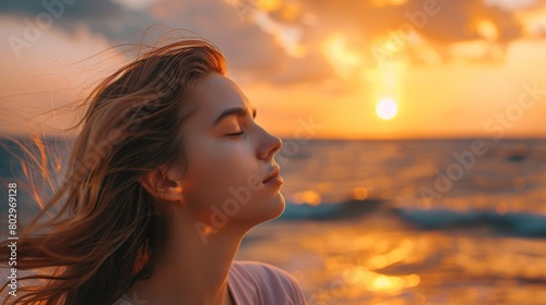 Calm Evening Meditation on Seashore with Sunset Backdrop