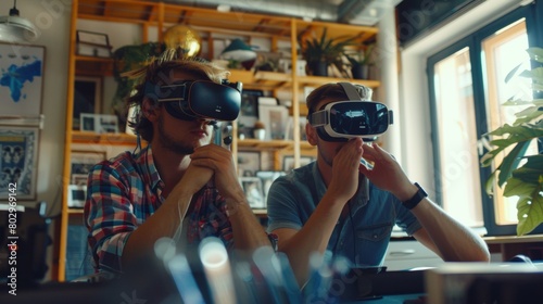 Two young adults engaged in using vr headsets in a modern, vibrant indoor setting