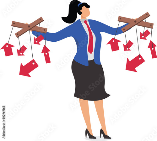 Market control, price manipulation, stock market manipulation, business management, businesswoman with ten fingers tied to a string to control the up or down arrow