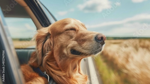 Joyful Golden Retriever Enjoying a Car Ride in Countryside photo