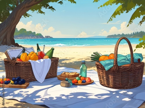 Beach picnic with a view of the ocean, food and drinks on a blanket under a tree