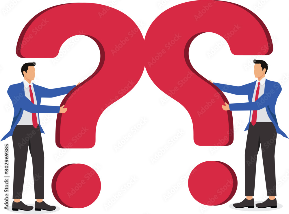 Two traders touching huge question marks, groping, contemplating, exploring, discovering, exploring the unknown or finding solutions Two traders touching huge question marks, groping, contemplating, exploring, discovering, exploring the unknown or finding solutions