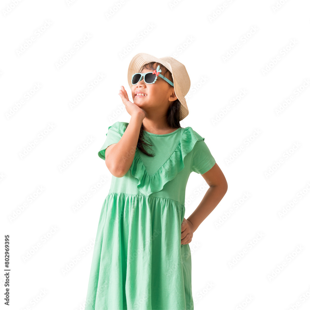 Happy smiling asian little girl were hat and sunglasses posing, Fashion summer holiday concept, Full body isolated on white background Happy smiling asian little girl were hat and sunglasses posing, Fashion summer holiday concept, Full body isolated on white background