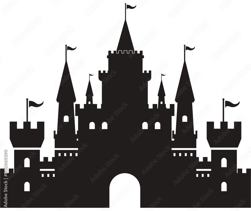 Black and white silhouette of a castle with towers and flags.
castle-vector-illustration-icon