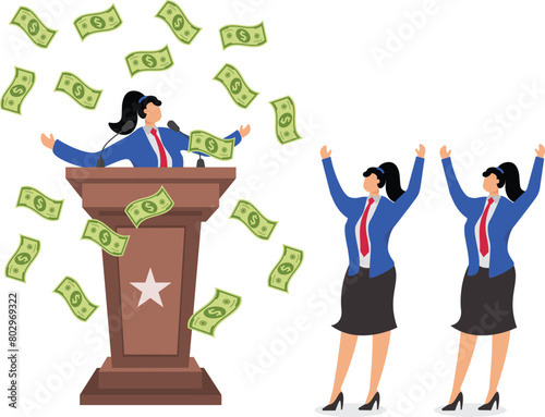 Politics and Money, Political Speeches, The Power of Money, Businesswomen Standing on Speaker's Podiums Waving Their Arms and Drifting Down Money