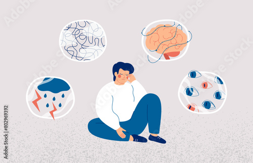Dementia and Alzheimer's Disease concept. Young man surrounded by symptoms of brain disorder. Mental health of middle age people and prevention neurodegeneration illness. Vector illustration photo
