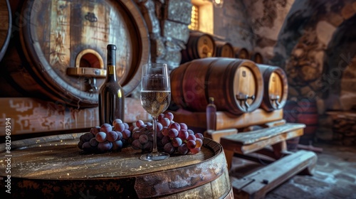 Artisan Wine and Grape Selection on Oak Barrel in Winery