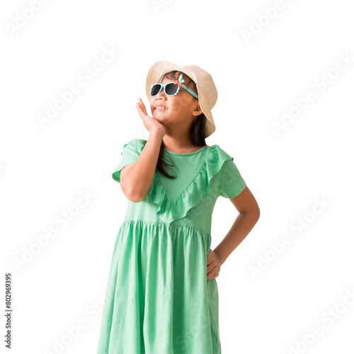 Happy smiling asian little girl were hat and sunglasses posing, Fashion summer holiday concept, Full body isolated on white background © kromkrathog