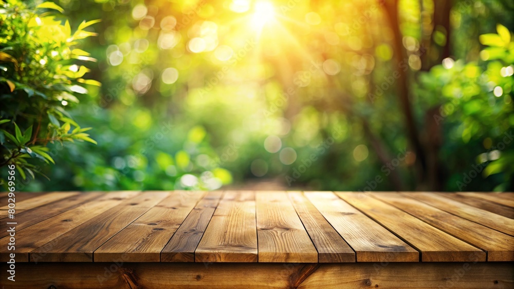 Empty wooden table with garden bokeh background with a country outdoor theme,Template mock up for display of product Empty wooden table with garden bokeh background with a country outdoor theme,Template mock up for display of product