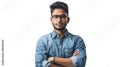 Friendly face portrait of an indian man with glasses dressed casual isolated on transparent png background.