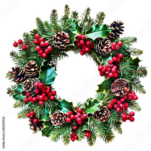 christmas wreath with red ribbon on white background Generative Ai