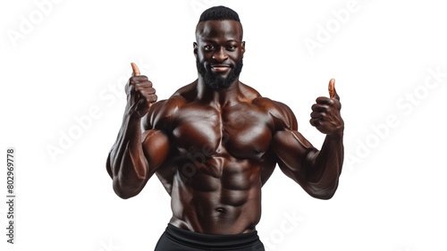 Happy muscular black man showing like thumbs up standing isolated on transparent png background. Strong male naked torso abs. Male flexing his muscles. Sport workout bodybuilding concept. 