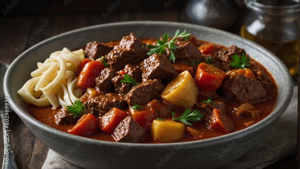 A bowl of beef goulash