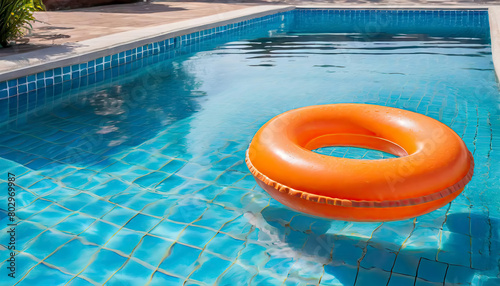 Orange colored inflatable swimming float or ring on the swimming pool.