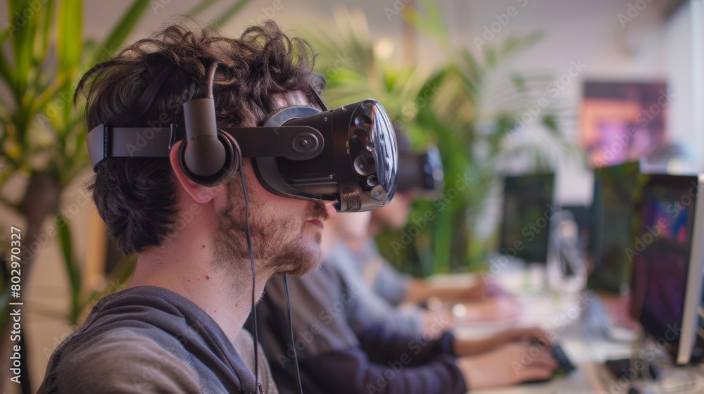 Young man explores virtual reality with a vr headset in a modern office setting