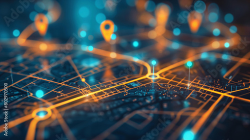 A digital map displaying pinpoint markers on various locations, symbolizing location tracking and orbiting route planning for mobile technology use cases. The pinpoint markers represent tracked locate photo