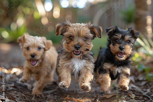 A trio of playful terrier puppies causing chaos in a backyard garden.